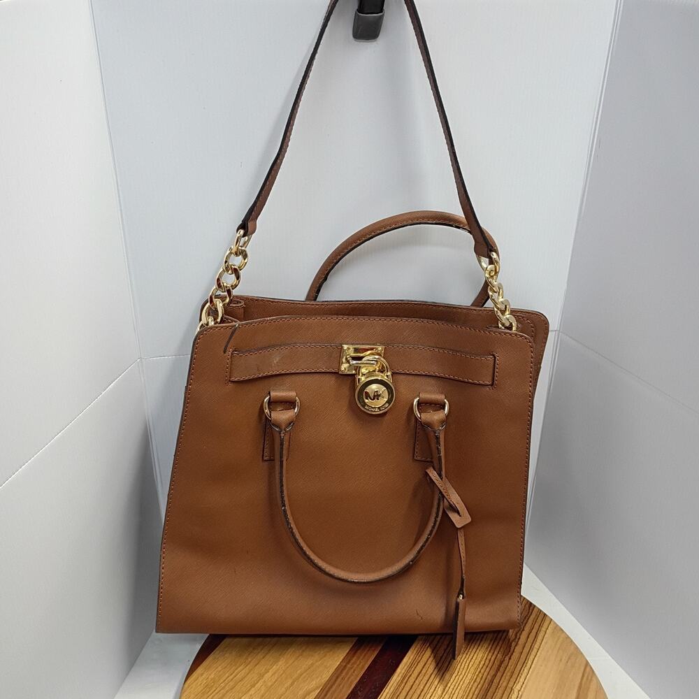 Michael Kors Hamilton Large Satchel Hand Bag Purse W/ Gold Lock Charms